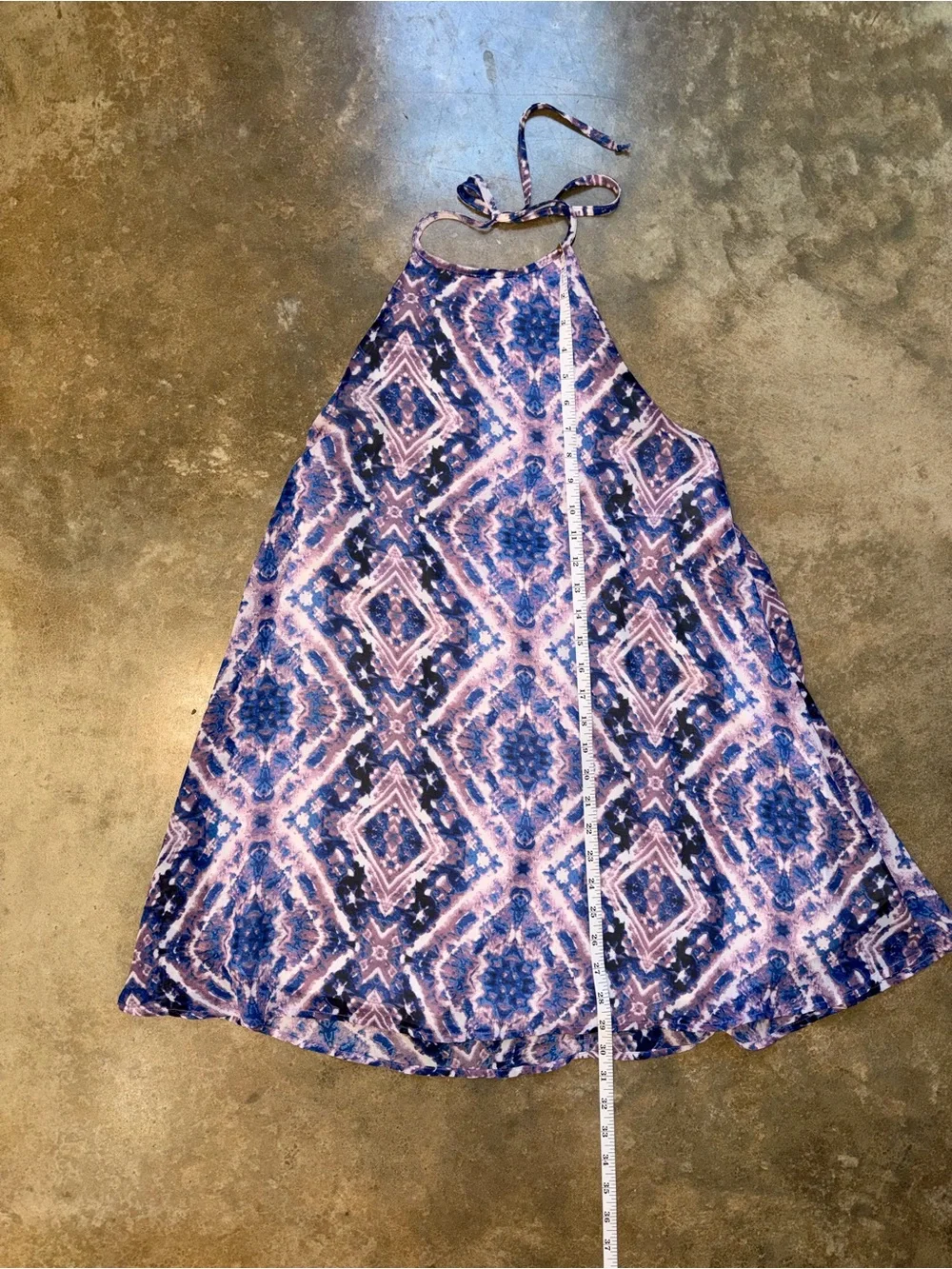 Blue Purple Boho Halter Dress Backless Swing Mini Dress Women’s Small